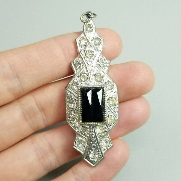 Vintage Black Rhinestone and Silver Tone Pendant, Art Deco Style, Retro Estate - Picture 1 of 7
